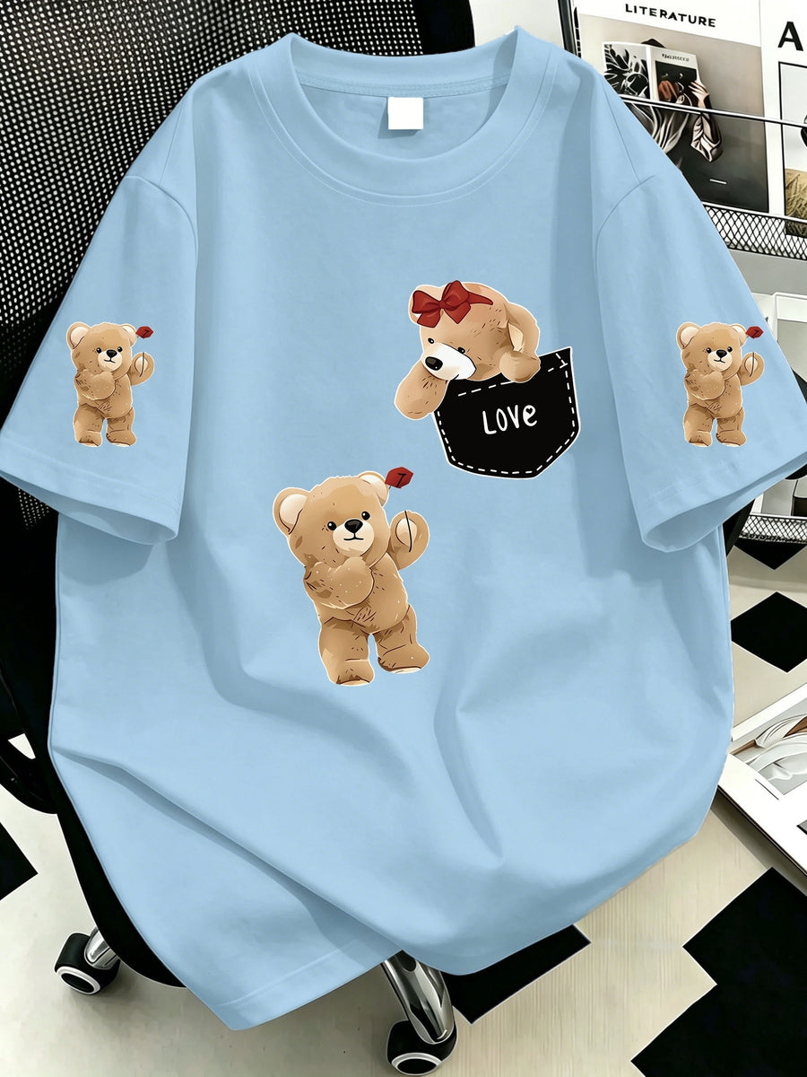 Women' Oversized Pocket Bear T-Shirt - Loose Fit Midi-Length Short Sleeve Round Neck -Compatible Top with Hip-Covering | Spring Summer Casual Wear Suitable for Layering, Machine Washable Non- Pocket Tee - Sky Blue