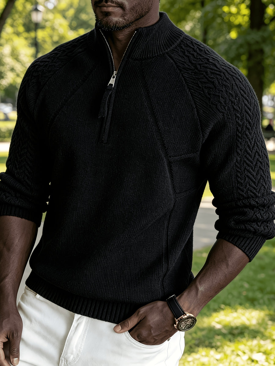 Men's Business Casual Quarter Zip Knit Pullover, Raglan Sleeve Textured Ribbed Trim Slim Fit Sweater for Fall Winter Daily Office & Weekend Outings - Black