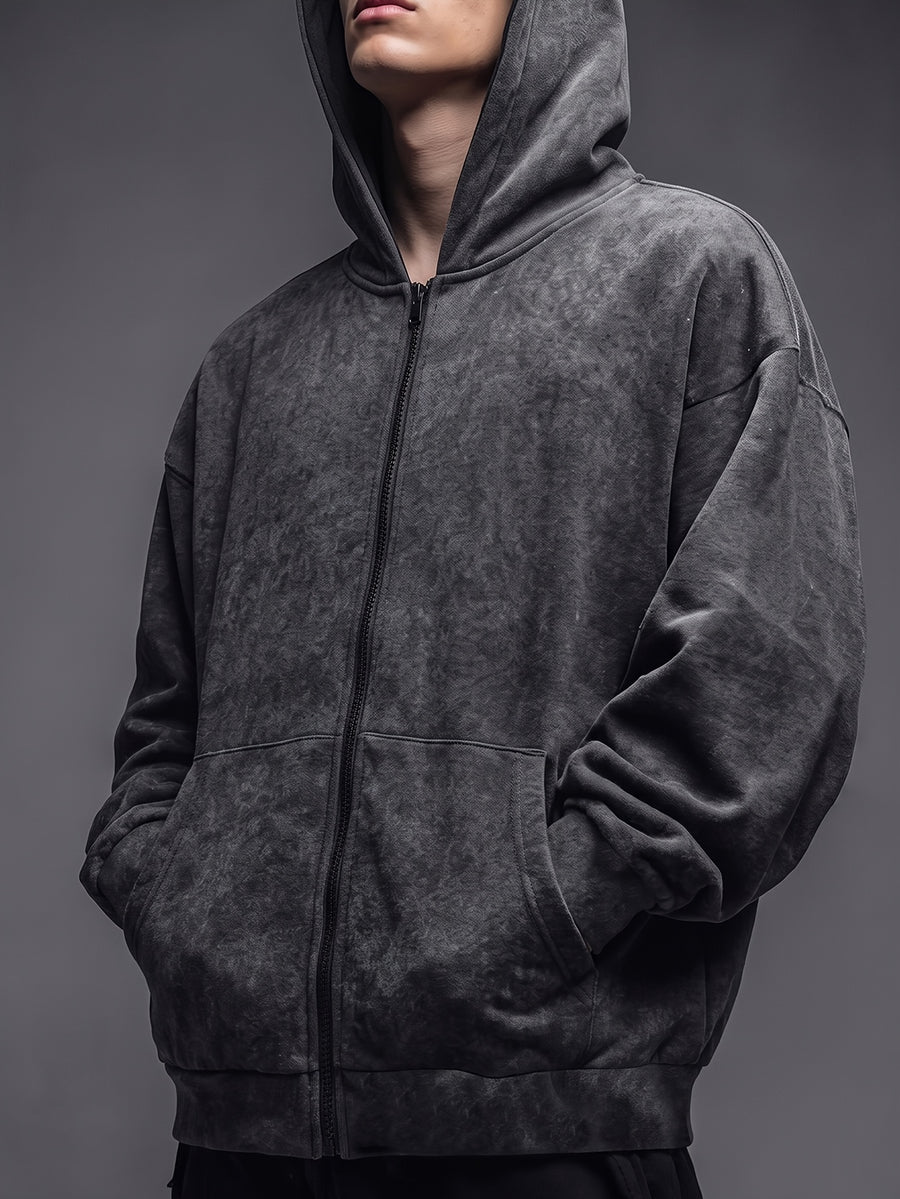 Men's Washed Distressed Charcoal Gray Zip-Up Hooded Sweatshirt, Vintage Distressed Gray Tone, Heavyweight Loose High Street Wasteland Style Washed Cardigan Hoodie Sweatshirt - Black