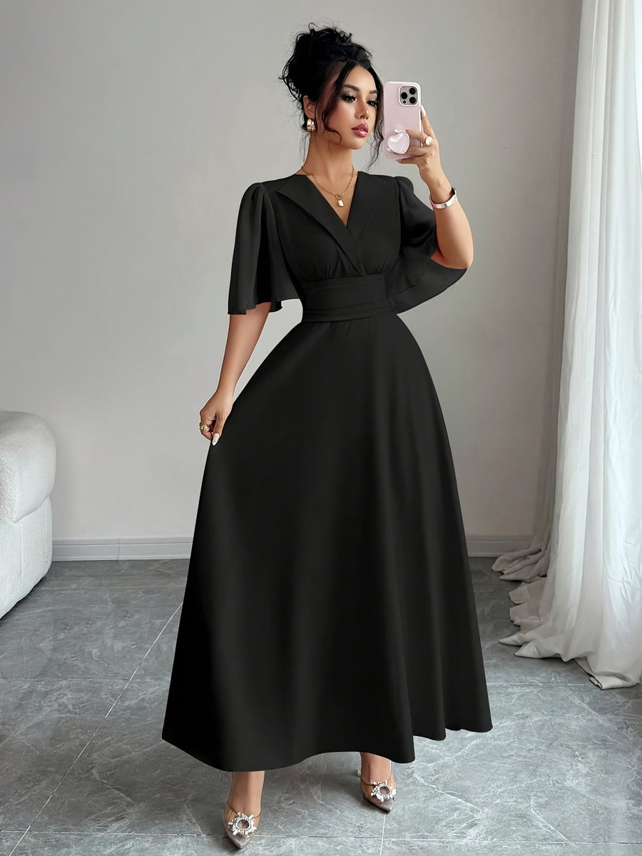 Women's Solid Color Elegant Dress, New Summer V-Neck A-Line Flowing Dress for Casual to Formal Wear, Machine Washable - Black