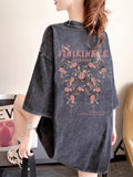 Fashion Women's Heavyweight Washed Distressed Short Sleeve T-Shirt with Cartoon Print, Design, Unique and Stylish #1111 - Black