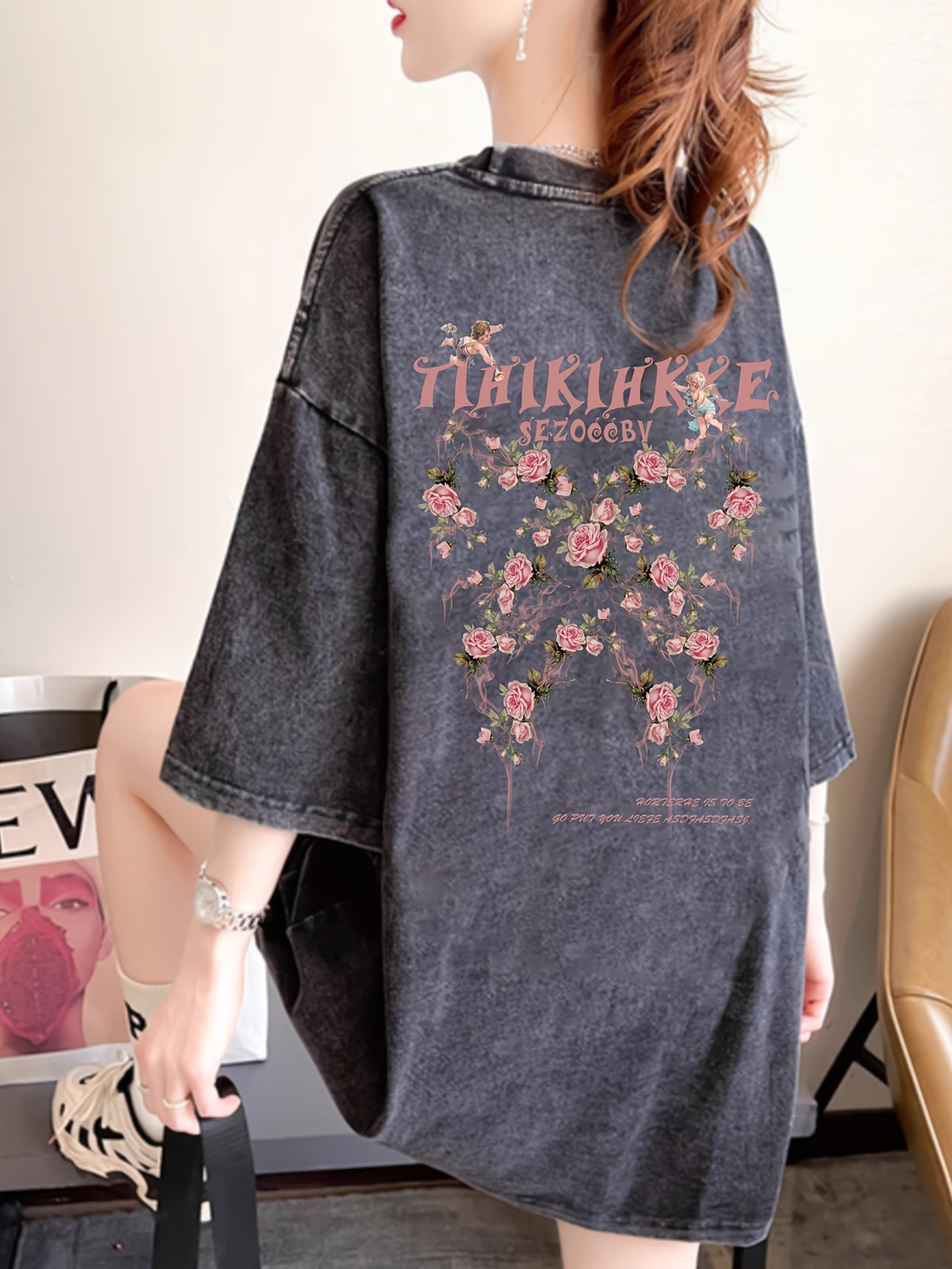 Fashion Women's Heavyweight Washed Distressed Short Sleeve T-Shirt with Cartoon Print, Design, Unique and Stylish #1111 - Black