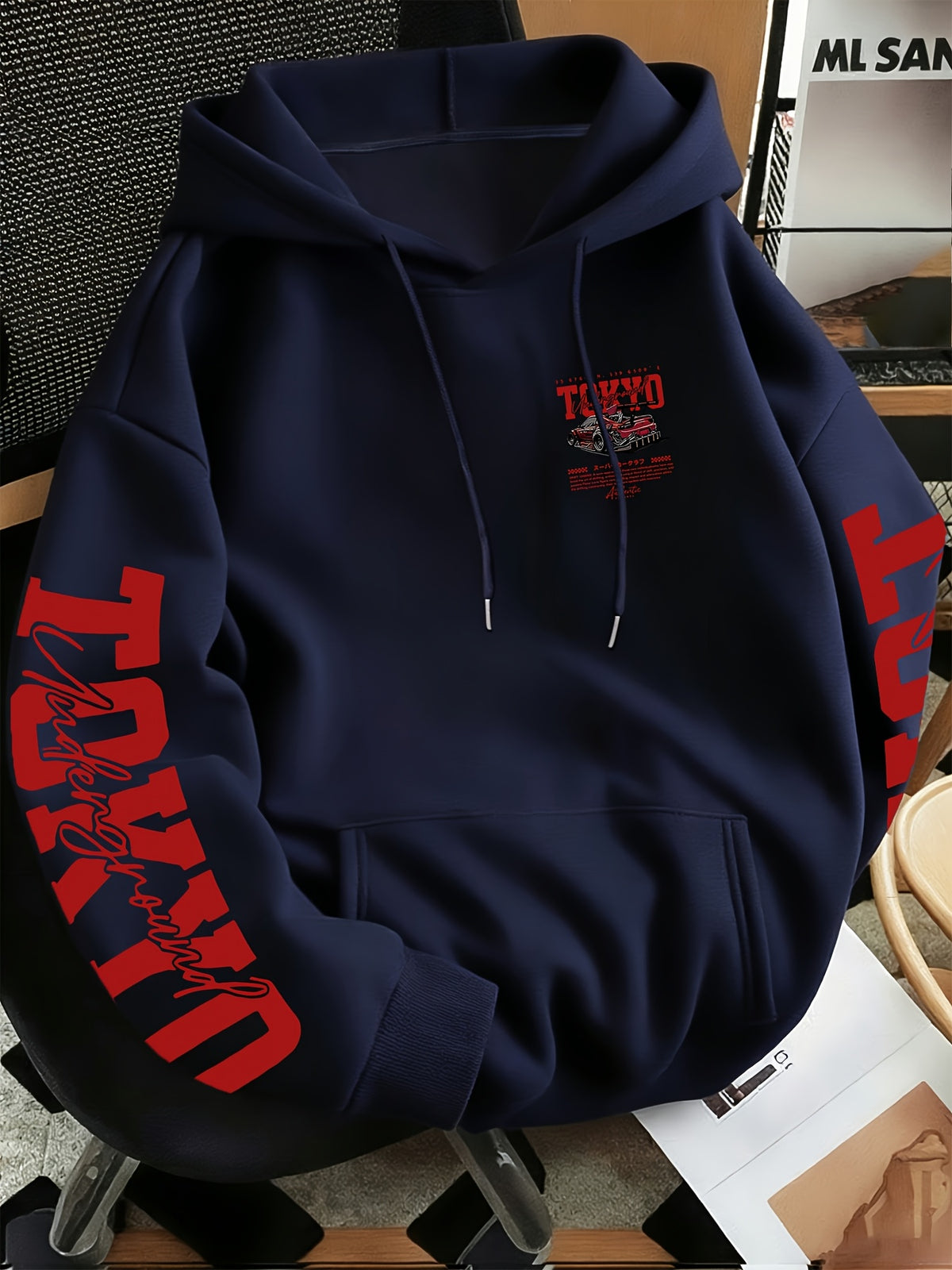 New Autumn/Winter Men's Tokyo Underground Racing Print Hooded Sweatshirt, American Street Style Motorcycle Top - Deep Blue