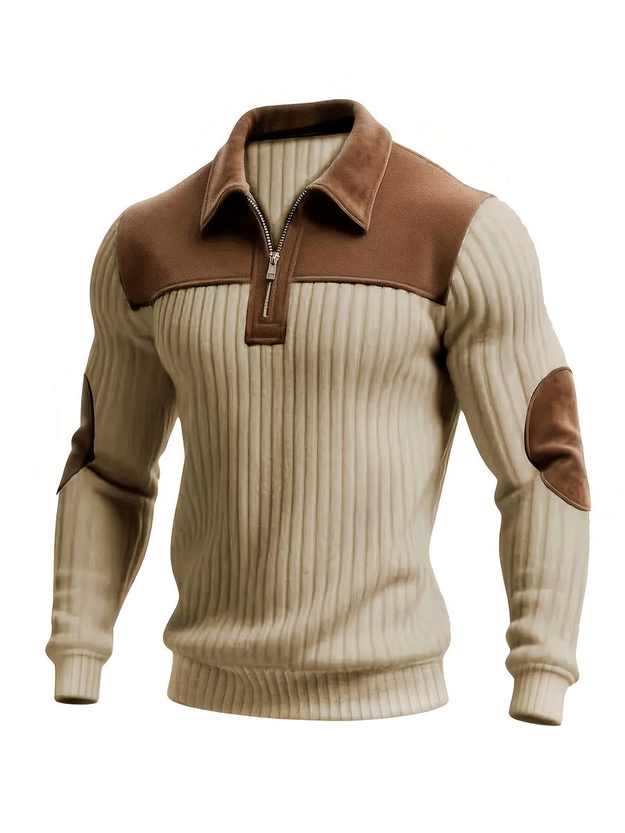 New Christmas Men's Autumn/Winter Brushed Ribbed Cable Knit Sweater, Casual Color-Block Long Sleeve Patchwork Plush Sport Henley Zip-Up Top - Khaki