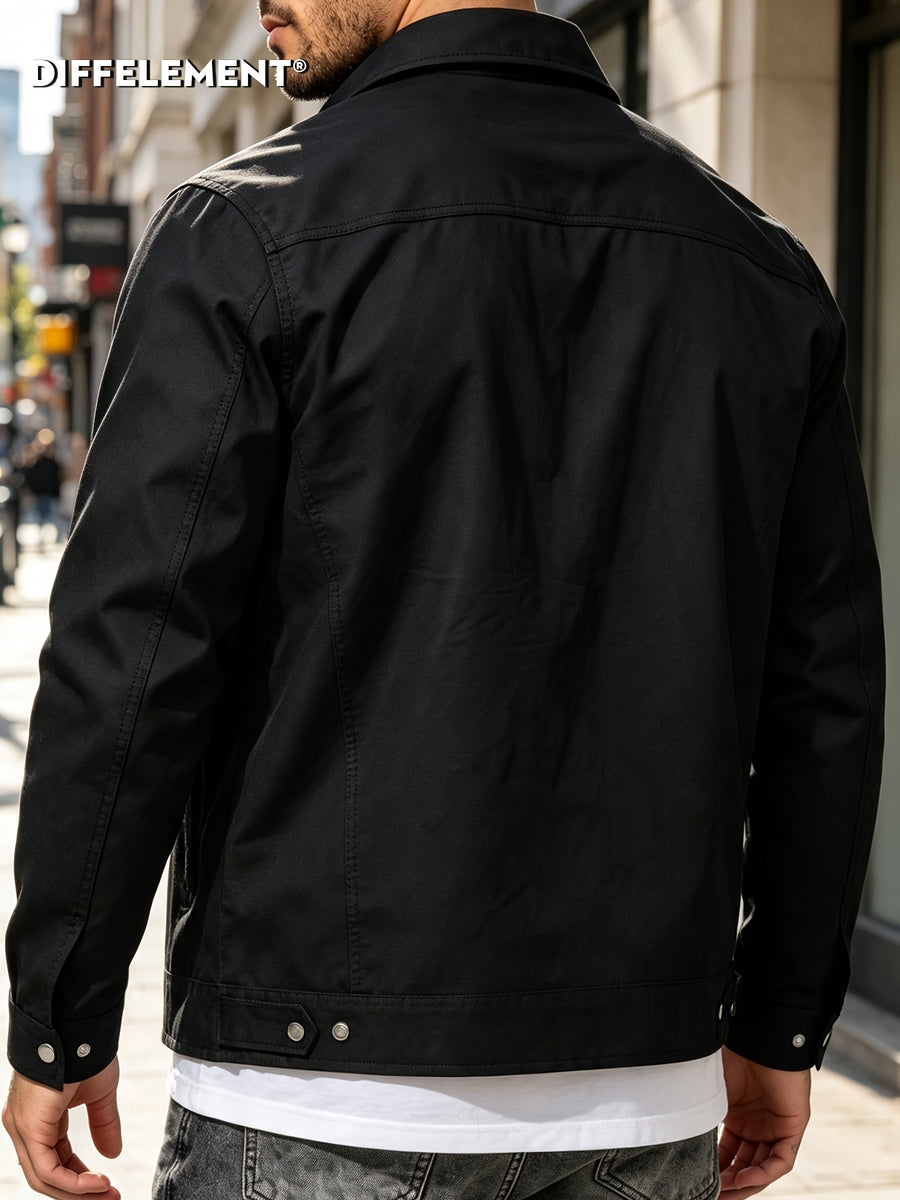 Men'S Casual Utility Shirt Jacket, Daily Commute Windproof Durable Twill Fabric Loose Collar Multi-Pocket Straight Cut Urban Outdoor Walking Street Style Metal Button Plaid Lining Long Sleeve Utility Coat - Black