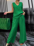 Women's Casual 2pcs Set Solid Color Loose Sleeveless V-Neck Tank Top + Wide-Leg Pants - Green