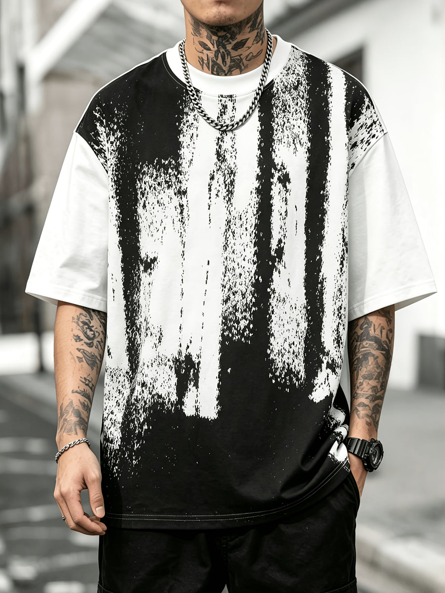 Men'S Oversized Drop Shoulder Crew Neck Short Sleeve T-Shirt, Vintage Faded Vertical Splash Print Elastic Loose Fit Hip Hop Streetwear Basic Tee, Breathable Relaxed Cut Summer Daily Outdoor Workout Casual Top for Men - White