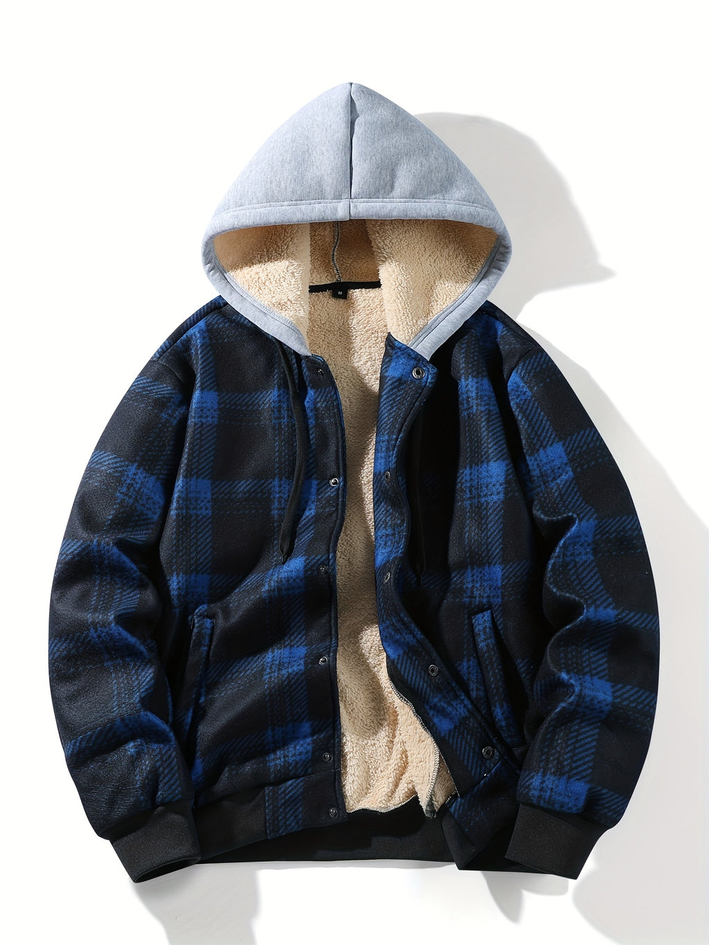Autumn-Winter New Men's Plaid Fabric Hooded Thickened Warm Jacket with Snap Closure and Ribbed Cuffs, Suitable for Outdoor and Home Wear - Blue