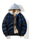 Autumn-Winter New Men's Plaid Fabric Hooded Thickened Warm Jacket with Snap Closure and Ribbed Cuffs, Suitable for Outdoor and Home Wear - Blue