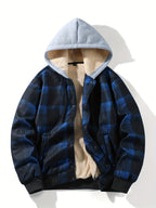 Autumn-Winter New Men's Plaid Fabric Hooded Thickened Warm Jacket with Snap Closure and Ribbed Cuffs, Suitable for Outdoor and Home Wear - Blue