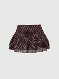 Summer New Style Women'S French Retro Style Pleated Waist Chiffon Skirt with Side Ruffles And Layered Ruffles, Short Cake Dress for Petite, All-Match Atmospheric Polka Dot Half-Length Skirt - Dark Brown