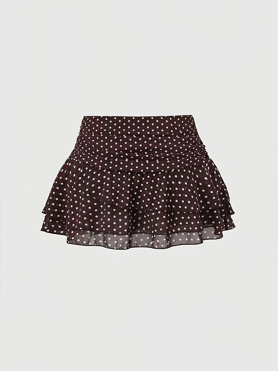 Summer New Style Women'S French Retro Style Pleated Waist Chiffon Skirt with Side Ruffles And Layered Ruffles, Short Cake Dress for Petite, All-Match Atmospheric Polka Dot Half-Length Skirt - Dark Brown