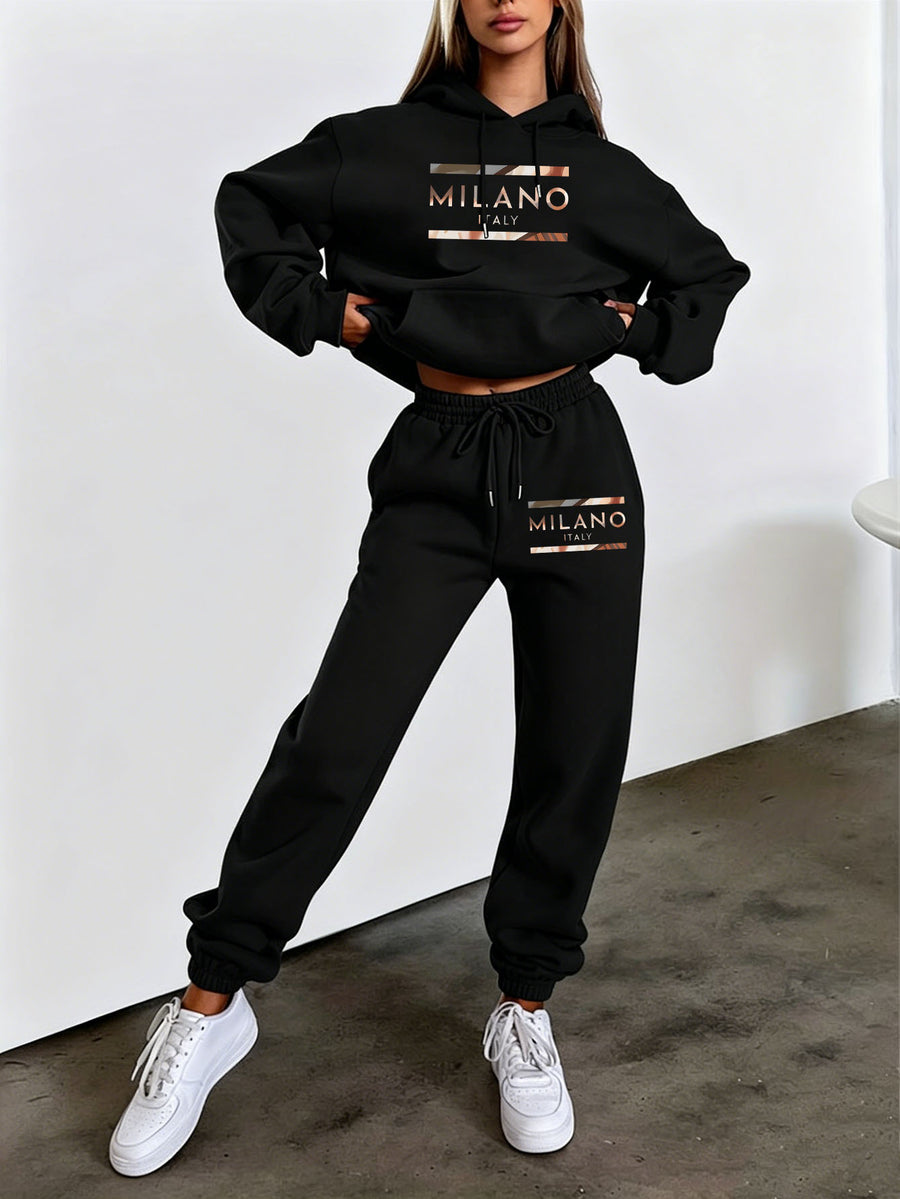 Autumn/Winter Trendy Fashion Women's Hooded Drawstring Sweatshirt and Sweatpants Set, Metallic Gradient MILANO City Text Print, Light Luxury Metallic Texture, Italian Vintage Urban Style. Hooded Drawstring Design, Sweatshirt with Front Kangaroo - Black