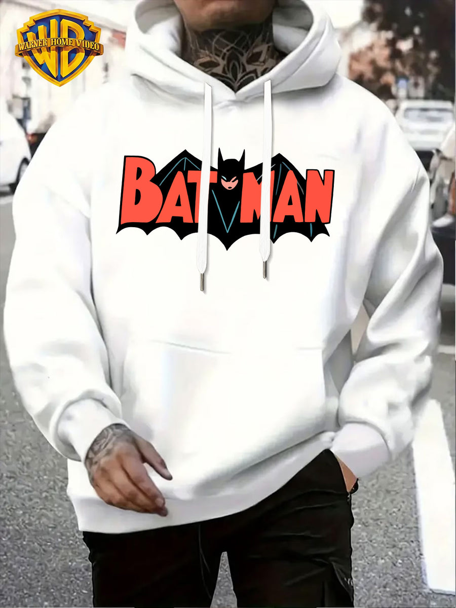 Warner Official Men'S Retro Comic Style Batman Hot-Blooded Trendy Printed Drawstring Hoodie, Warm And Machine Washable for Autumn And Winter, Multifunctional Street Sports And Leisure Loose Edition - White