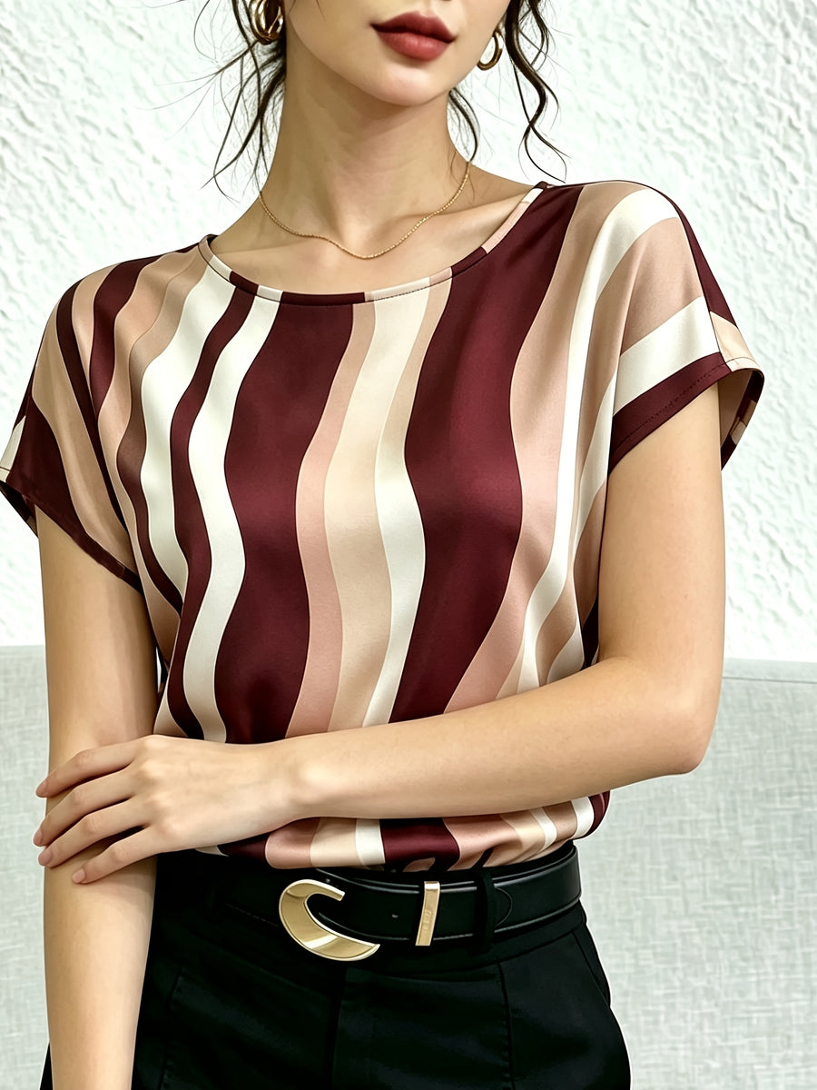Women'S Casual Easy Fashion Printed Short Sleeve Vacation Top - Burgundy