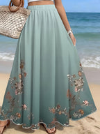 Summer Women's Fashion Versatile Midi Skirt with a Light Green Background, Symmetrical Floral Branches with Pinkish-Brown Flowers, Simple Print for Everyday and Vacation Style - Mixed colors