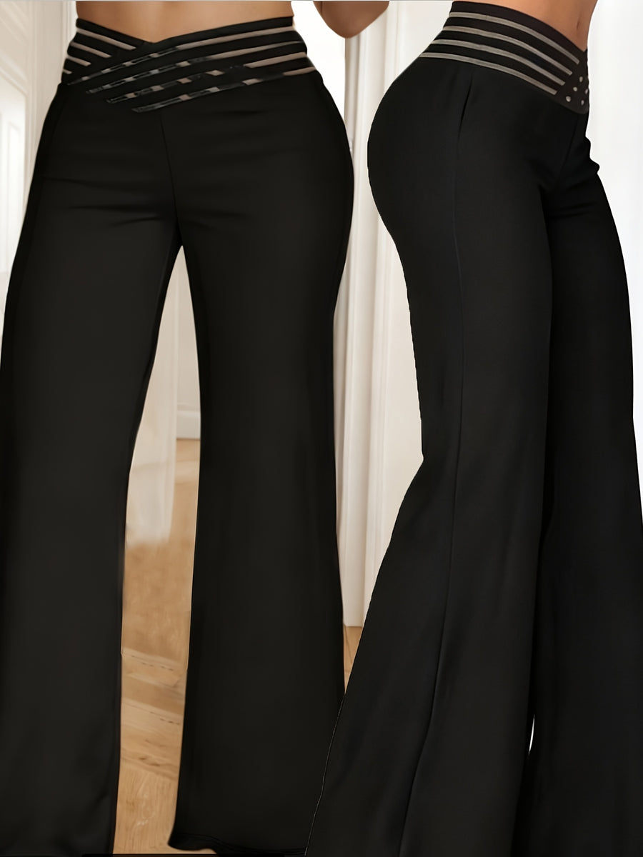 Women'S Crossed Waist Straight Leg Pants, Mesh Waistband Design, Solid Color Slightly Elastic Casual Trousers Suitable for Travel And Dates - Black