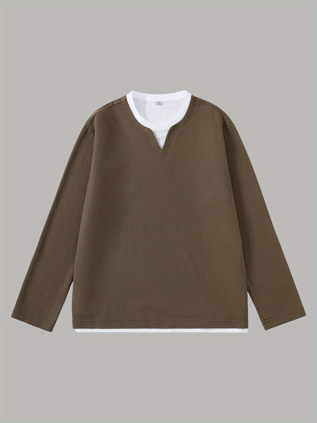 Men'S Spring And Autumn Fashion Waffle Long Sleeve T-Shirt - Coffee Color