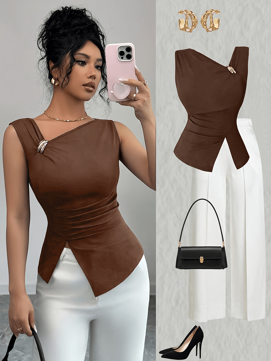 Women's Fashionable T-shirt Top with Slit Side Hem, Off-shoulder Neckline, and Decorative Embellishments - Dark Brown