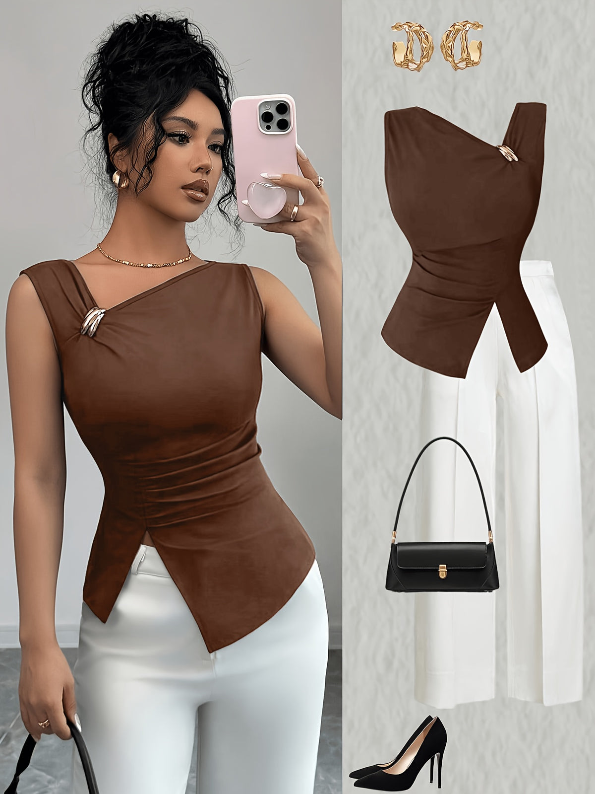 Women's Fashionable T-shirt Top with Slit Side Hem, Off-shoulder Neckline, and Decorative Embellishments - Dark Brown