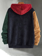Men's Multi-Color Plush Hooded Sweatshirt with Contrast Patch Embroidery, Warm Autumn/Winter Hoodie with Drawstring - Navy Color
