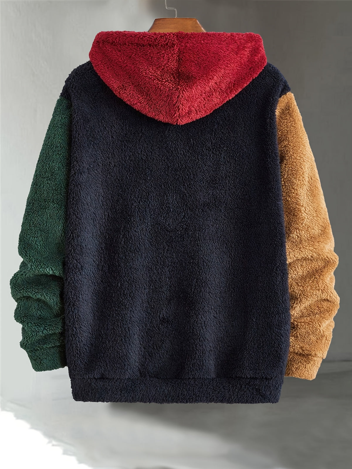 Men's Multi-Color Plush Hooded Sweatshirt with Contrast Patch Embroidery, Warm Autumn/Winter Hoodie with Drawstring - Navy Color