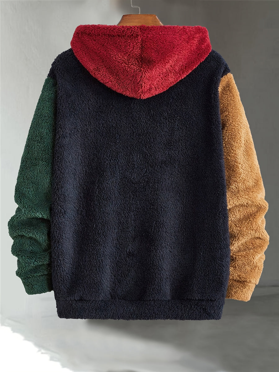 Men's Multi-Color Plush Hooded Sweatshirt with Contrast Patch Embroidery, Warm Autumn/Winter Hoodie with Drawstring - Navy Color