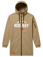 Men'S Long Hooded Trench Coat with Full Zipper, Featuring NORWAY Themed Letters, Mountain And Flag Prints, Side Arm Zip Pockets, And a Leather Label at The Hem - Khaki