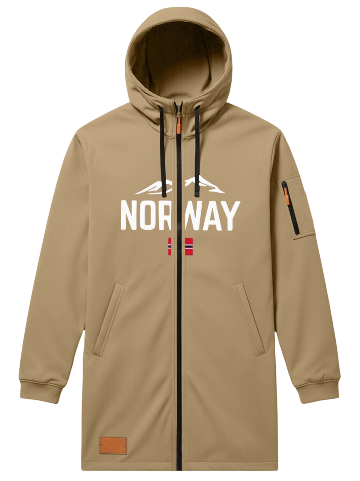 Men'S Long Hooded Trench Coat with Full Zipper, Featuring NORWAY Themed Letters, Mountain And Flag Prints, Side Arm Zip Pockets, And a Leather Label at The Hem - Khaki