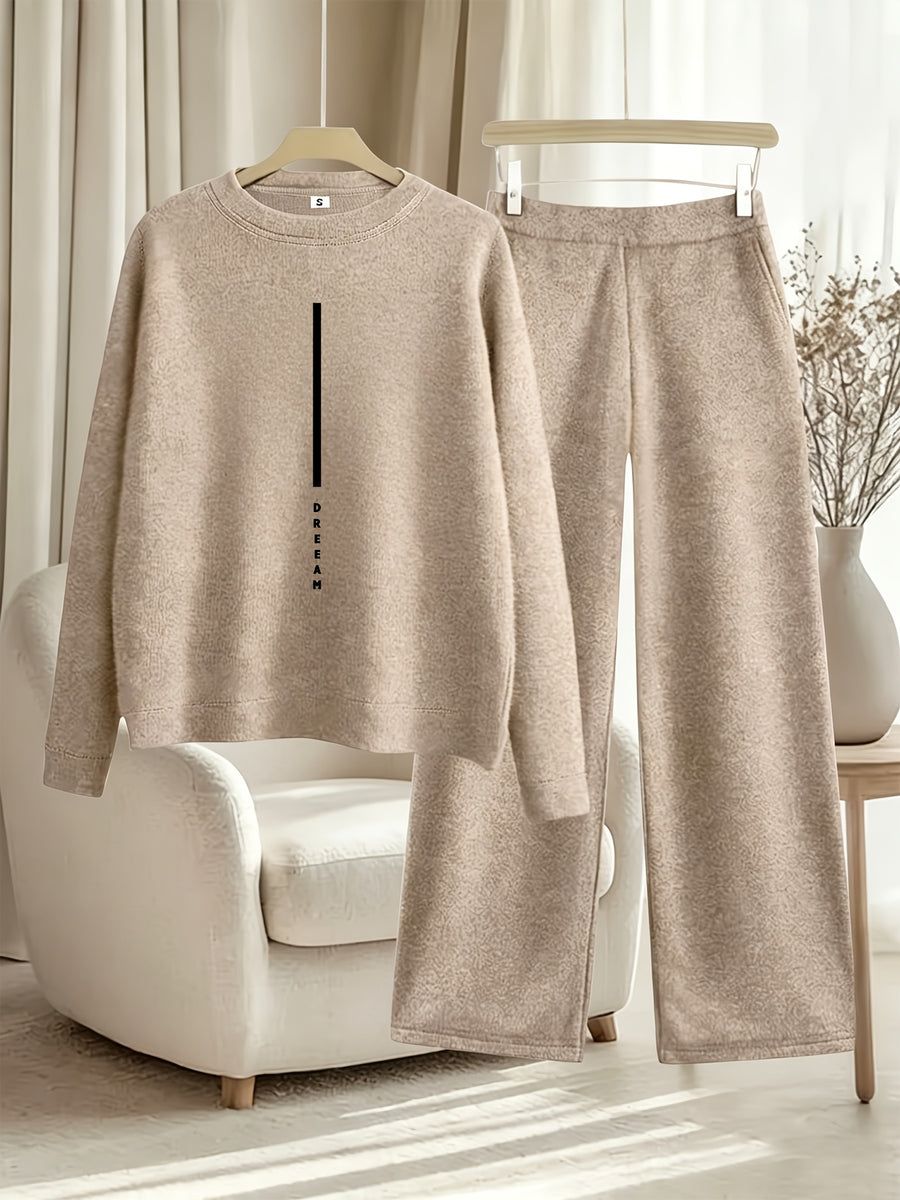 New Arrival Women'S Fall Winter Thick 2pcs Outfit, Printed Loose Crew Neck Faux Pullover Top Straight Leg Pants Set, Fashion Casual Long Sleeve Warm Sweater Matching Set, Soft Washable Loungewear for Home Outdoor Wear - Camel