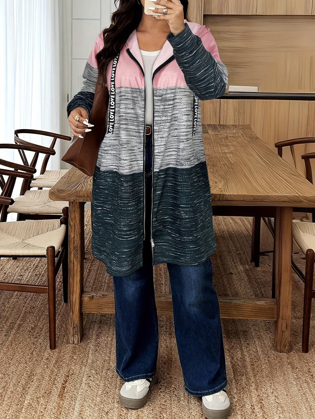 Plus Size, Cross-border Autumn/winter New Color-block Printed Letter Drawstring Hooded Long-sleeve Pocket Women's Plus-size Casual Jacket - Mixed colors
