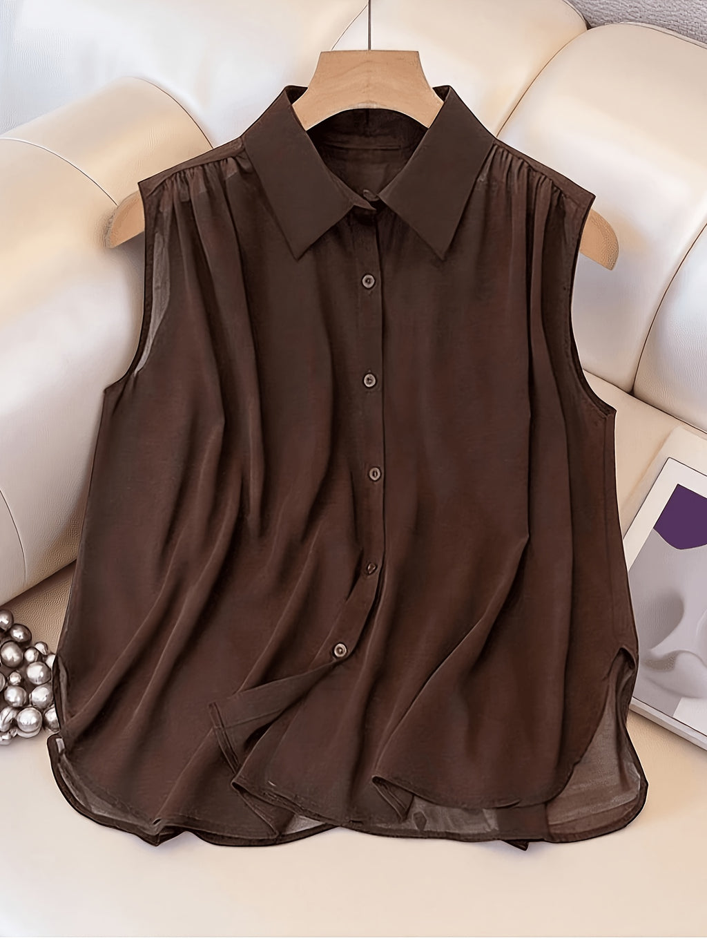 GlowEve Coffee Sleeveless Pleated Chiffon Casual Loose Fit Top for Women - Dark Brown