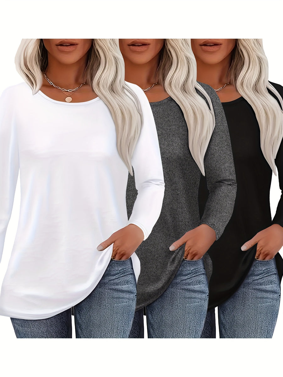 3pcs Long Sleeve Solid Color Women'S T-Shirts, Casual Holiday Outing Versatile Fall Winter Top Round Neck - White+gray+black