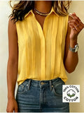Pleated Design Statement Sleeveless Shirt, Women'S Lapel V-Neck Loose All-Match Summer Commute Top - Yellow