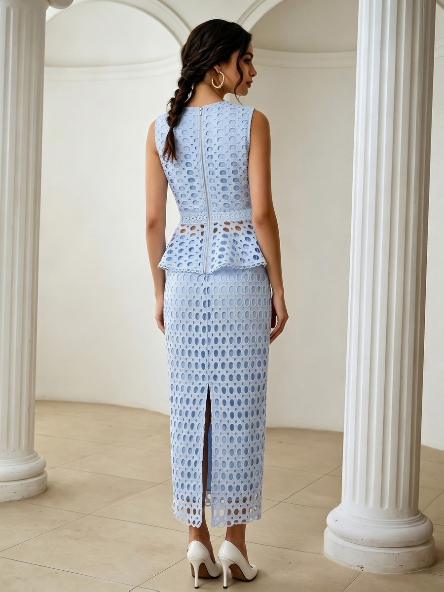 French Hollow-Out Lace Spliced Camisole Top And Straight Midi Skirt 2pcs Set, Elegant Women'S Wear for Daily Commute And Dating - Light Blue