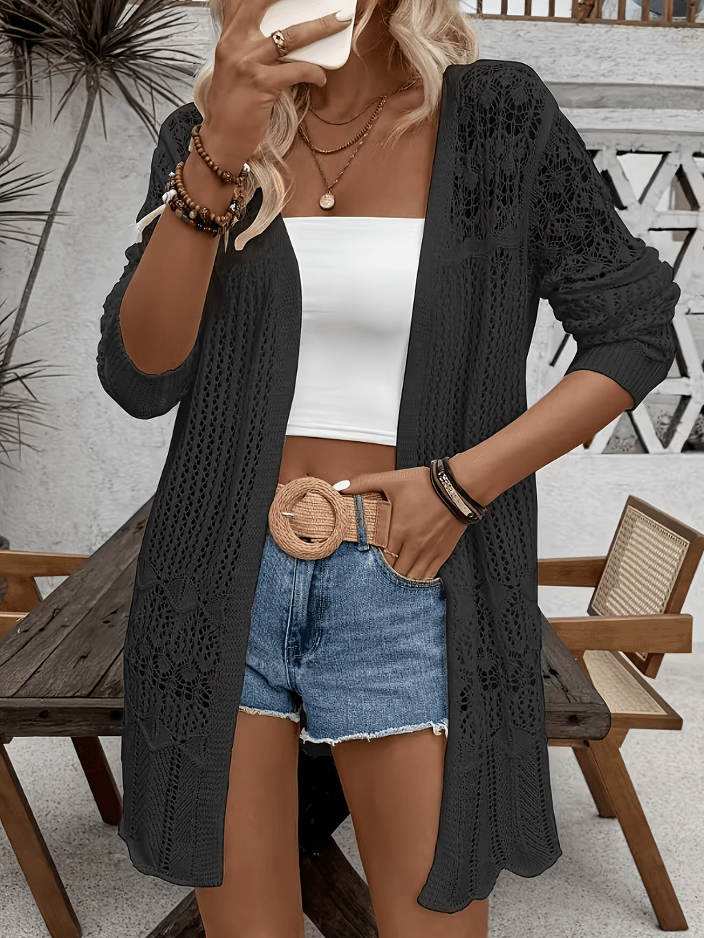 Women'S Elegant Long Sleeve Lace Open Cardigan, Suitable for Vacation, Beach - Black