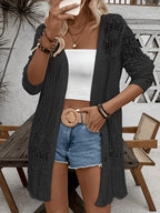 Women'S Elegant Long Sleeve Lace Open Cardigan, Suitable for Vacation, Beach - Black