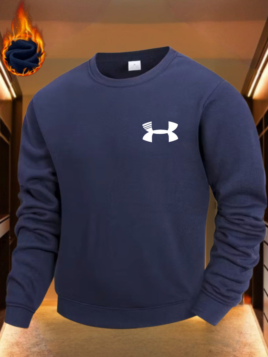Sporty Style, Men's Crewneck Sweatshirt, White Logo Print, Fleece Lined Warm Fabric, Casual Wear Gym Use, Gift for Him Boyfriend Husband - Navy Color