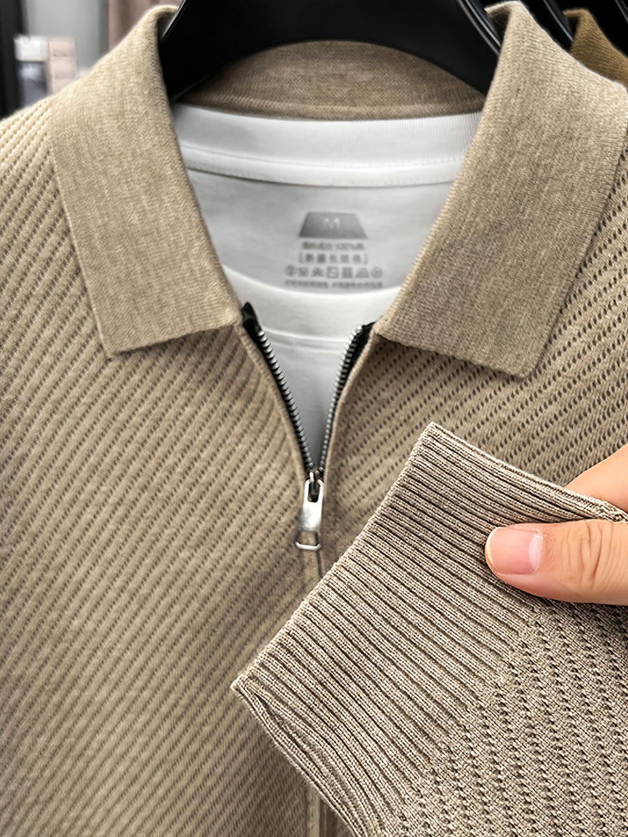 Men's Lapel Zipper Twill Knit Cardigan, Featuring a Classic Small Lapel Structure That Distinguishes It from Ordinary Crewneck Sweaters, Exuding a Sharp and Capable Business Aesthetic - SINBOS - Apricot