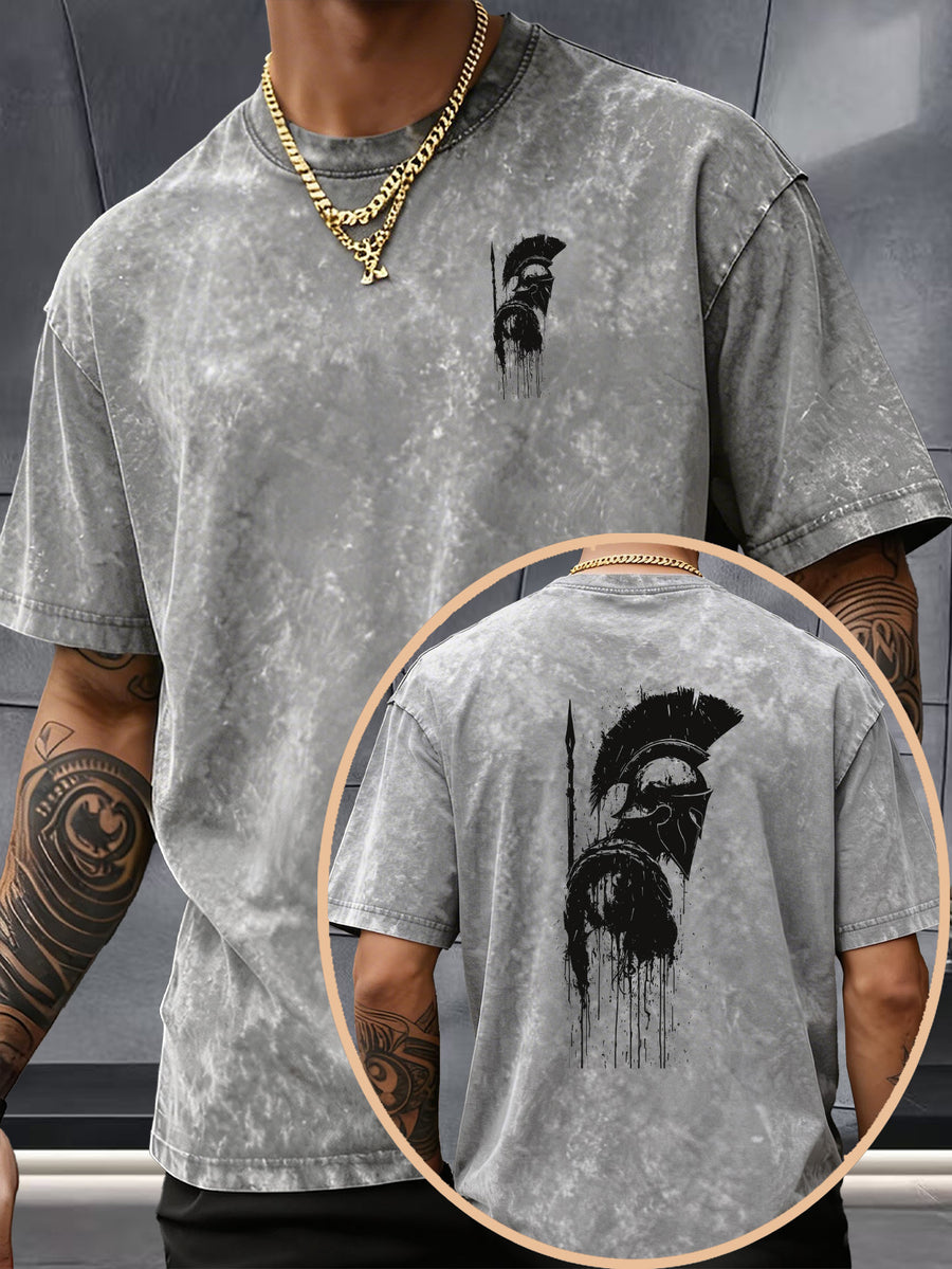 Short Sleeve T-Shirt, 100% Washed Distressed Loose Fit, Front And Back Double Print of Dark Ink Warriors, Casual Street Y2K Hip-Hop Style Couple'S Daily Commute Fitness Outing Statement Top - Grey