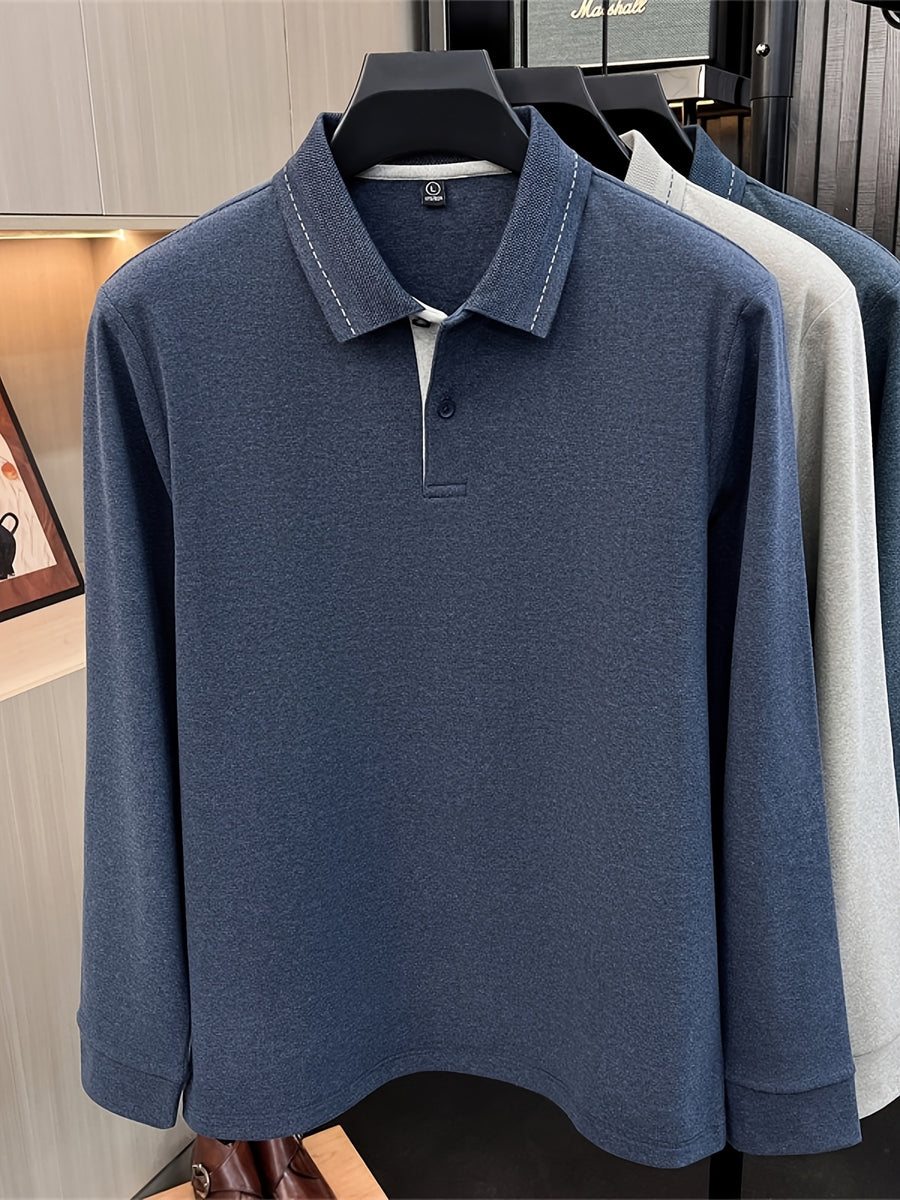 [Star Prosperity Selection] Spring/Autumn Men'S Lapel Polo Shirt, Fashionable Easy Top Solid Color Base Layer, Business Casual Long Sleeve T-Shirt, Best Gift for Friends And Relatives - Blue