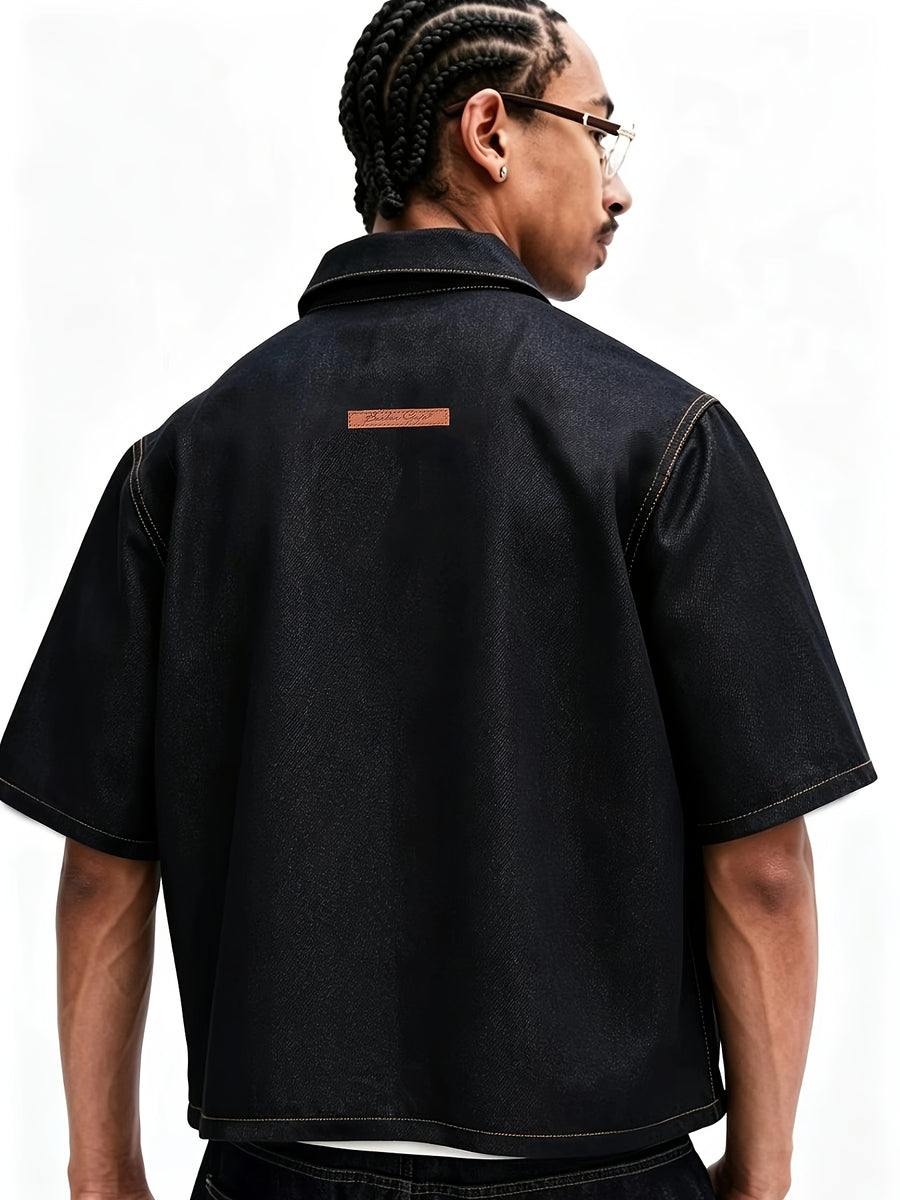 Street Men's Casual Denim Loose Short Sleeved Button up Shirt - Black