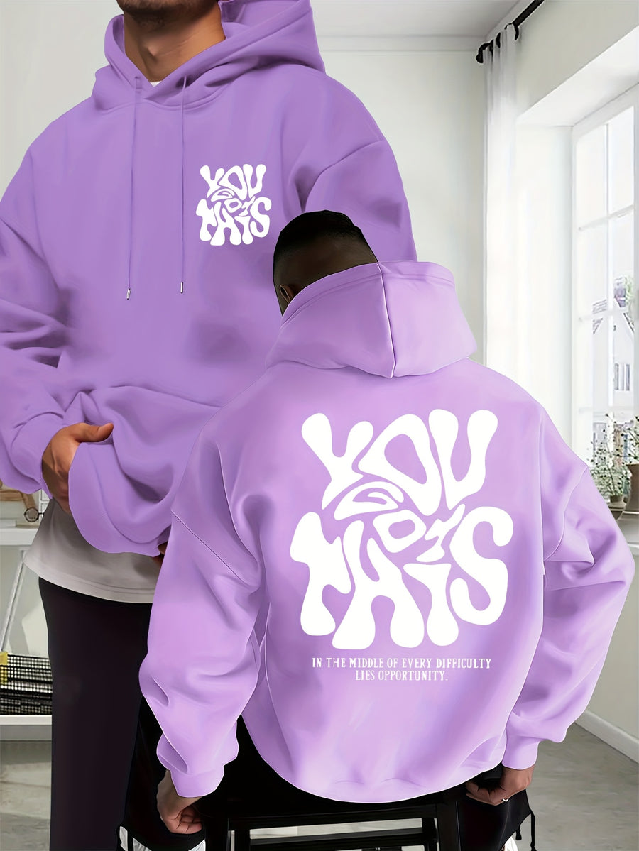 Men's New Trendy Autumn Winter Hoodie, Casual Daily Drawstring Creative Design Printed Sweatshirt with Front Kangaroo Pocket Unisex Top - Light Purple