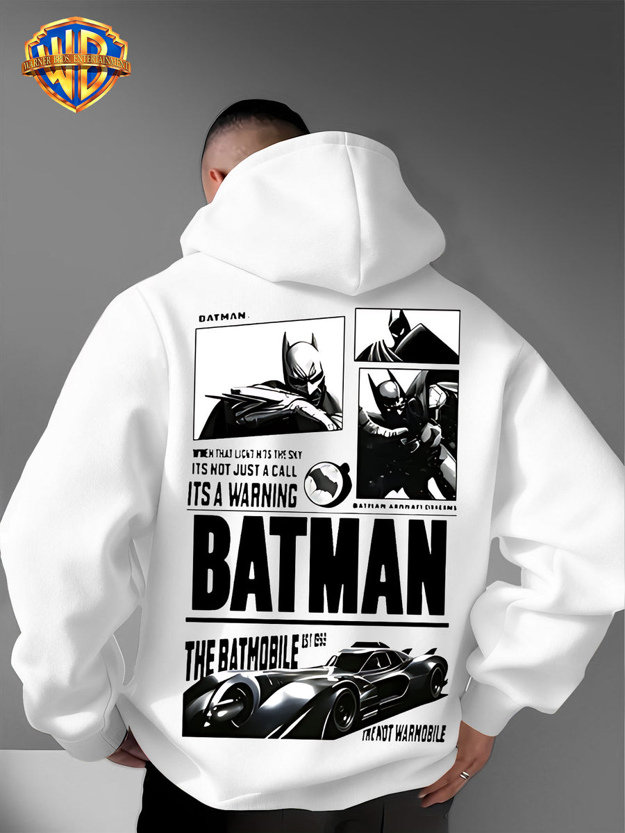 Warner Bros. Authorized American Dark Superhero Retro Batman Comic Poster Print Hooded Sweatshirt, with Adjustable Drawstring, Comfortable And Warm, Fashionable And Versatile Men'S Casual Sweatshirt, Suitable for Autumn And Winter Wear - White