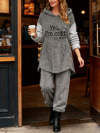 Fashion Women's Casual Autumn/Winter Hooded Long Sleeve Front Print Button Pants Set - Grey