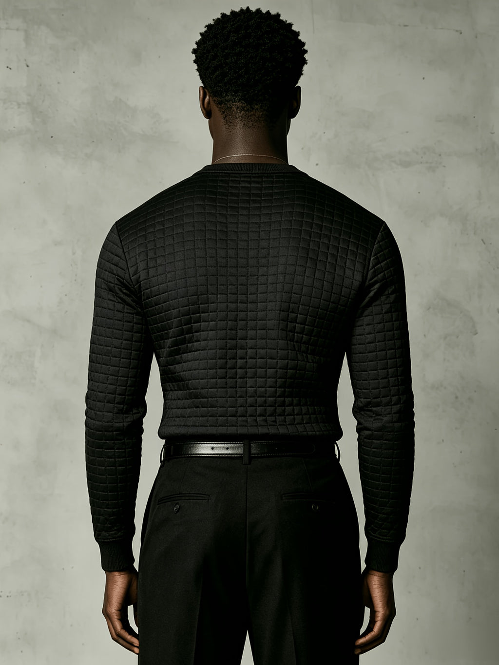Joshmei OBM New Men's Checkered Embossed Texture Henley Long-Sleeve Shirt, Half-Button Placket Textured Minimalist Casual Top, Autumn/Winter Slim Fit for Daily Commute and Streetwear, Multiple Colors Available - Black