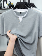 [Saa Xing OBM] Spring Summer New Men'S Polo Shirt, Faux Two-Piece V-Neck Open Collar And Round Neck Short Sleeve T-Shirt Men'S Business Casual Fashion Breathable All-Match Knit Pullover Base Layer Top - Dark Gray