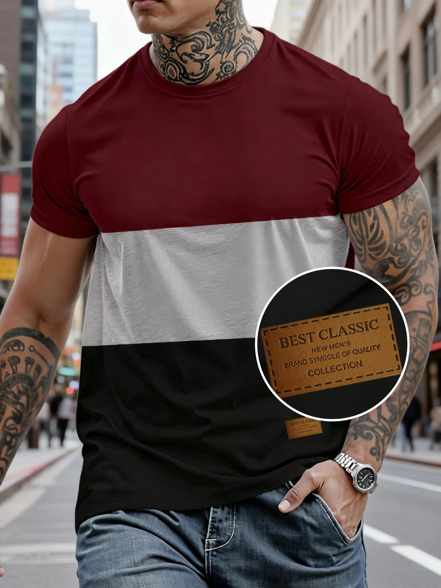 Men'S Short-Sleeve Top with a Three-Color Patchwork Design, Featuring a Logo. Manufactured by a Factory for All Seasons, This Comfortable And High-Quality Casual Sportswear Is Tailored for Men - Mixed Color 3