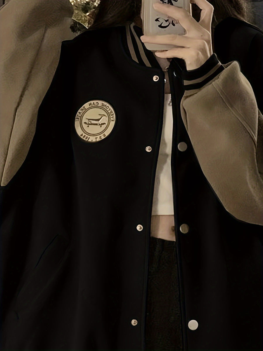 Asian Vintage Baseball Jacket for Women, Autumn Outerwear, Thickened Loose Fit, Relaxed Style Baseball Top for Women - Black