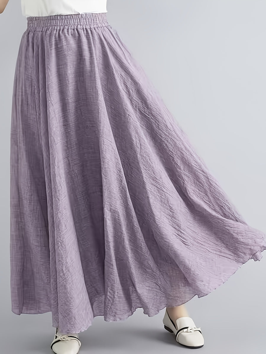 Solid Color Ethnic Style Literary Double-Layer Non-See-Through Midi Skirt for Women, Spring Summer Autumn Zen Style Long Dress with Wide Hem, High Waist Flowy - Violet.